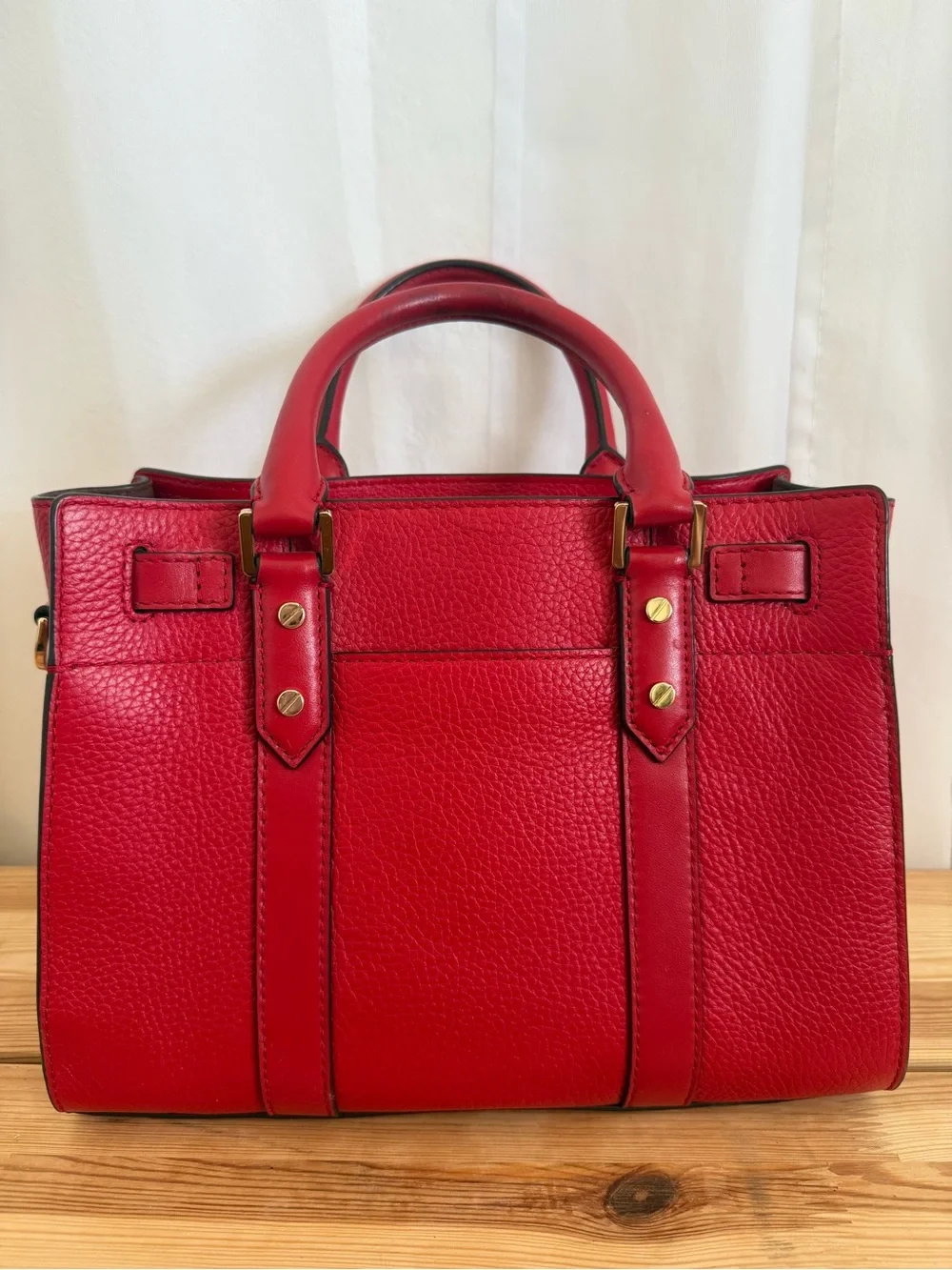 Michael Kors Red Leather Studded Satchel with Padlock Charm